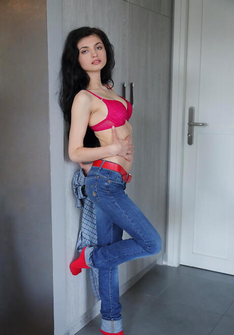 Excellent brunette teen Dafna A baring tiny tits and spreading her legs 