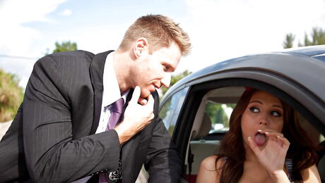 Very attractive british teen Jojo Kiss in amazing threesome action outside